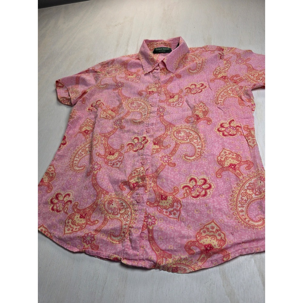 Lemon Grass Studio Pink Paisley Cotton Button Up Shirt Short Sleeve Boho Medium